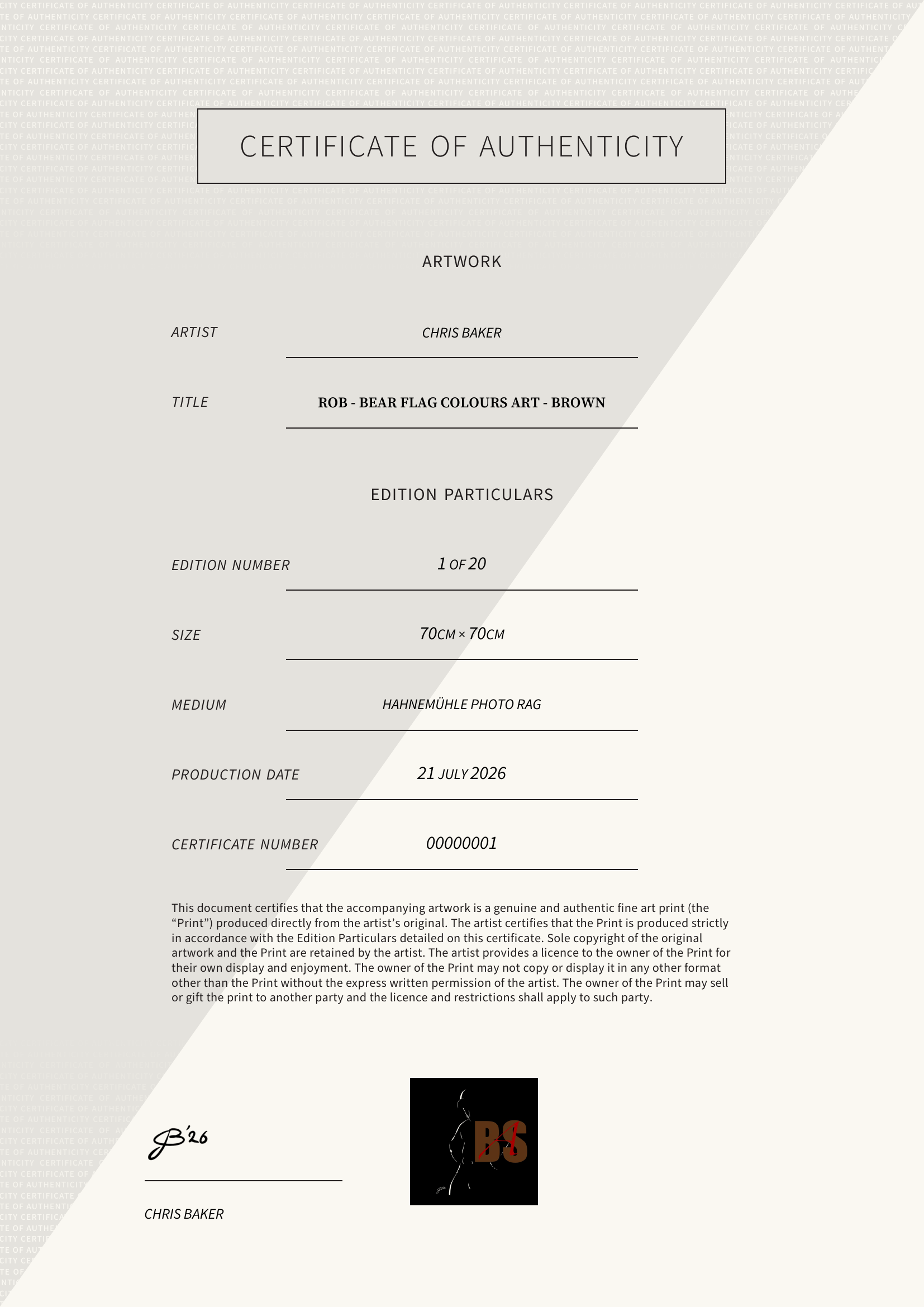 Rob - Bear flag colours Art - Brown — Certificate of Authenticity
